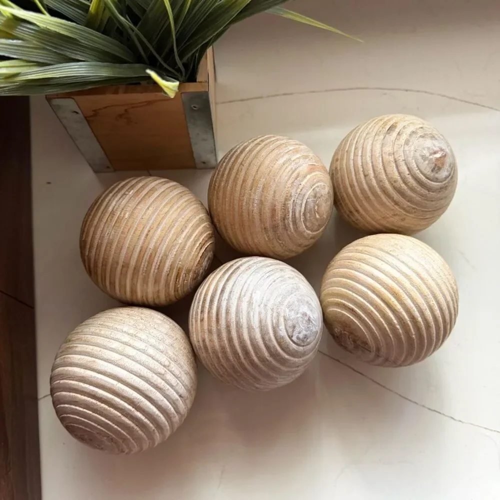 Set of 6 Ribbed Wooden Decorative Orbs Natural 4 Inch Striped Bowl Fillers